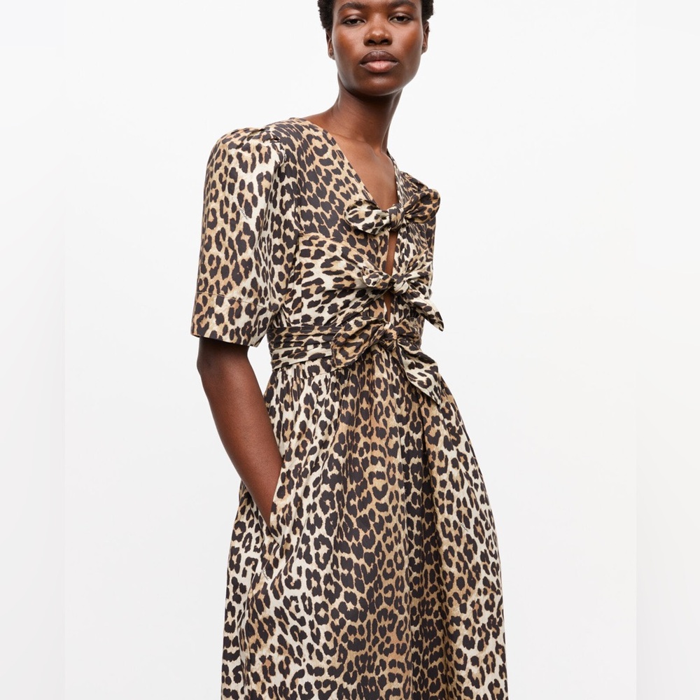 Ganni. NWT. Leopard Tie Front Dress. Spring Summer 2025. Size 42/ LG